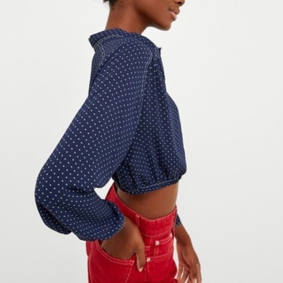 Zara Premium Denim Collection Navy Polka Dot Crop Long Sleeve Blouse Size Small - Picture 3 of 12